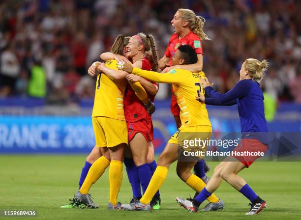 Players celebrate following their sides victory in the 2019 FIFA Women's World Cup France Semi Final match between England and USA at Stade de Lyon...
