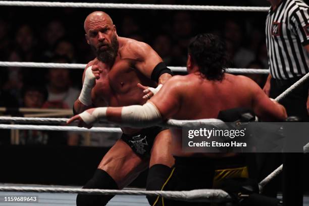 Triple H and Samoa Joe compete during the WWE Live Tokyo at Ryogoku Kokugikan on June 29, 2019 in Tokyo, Japan.