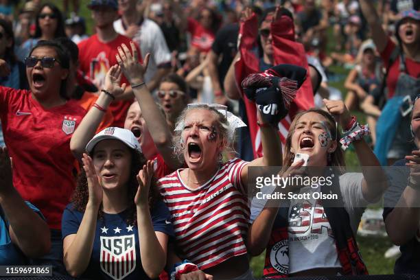 Fans watch the U.S. Women’s national soccer team play England in the Women’s World Cup semifinal match at a viewing party hosted by U.S. Soccer in...