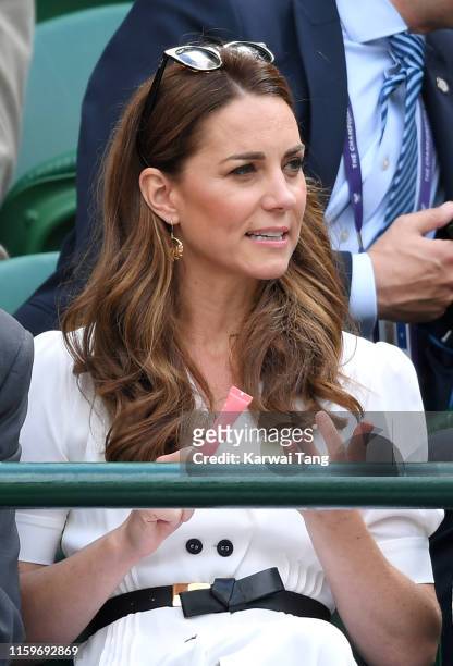 Catherine, Duchess of Cambridge attends day two of the Wimbledon Tennis Championships at All England Lawn Tennis and Croquet Club on July 02, 2019 in...