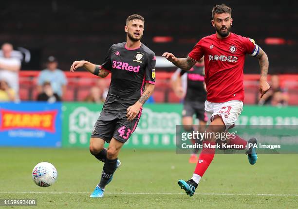 Leeds United's Mateusz Klich and Bristol City's Marlon Pack battle for the ball during the Sky Bet Championship match at Ashton Gate, Bristol.