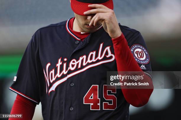 Starting pitcher Patrick Corbin of the Washington Nationals looks on before the first inning against the Miami Marlins at Nationals Park on July 02,...