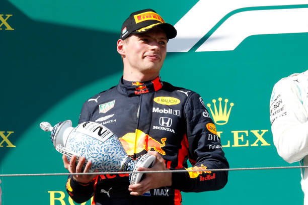 Max receiving the P2 trophy for his podium at the 2019 Hungarian Grand Prix, the race that saw his first ever pole position (Image Credit: Marco Canoniero / Getty Images)