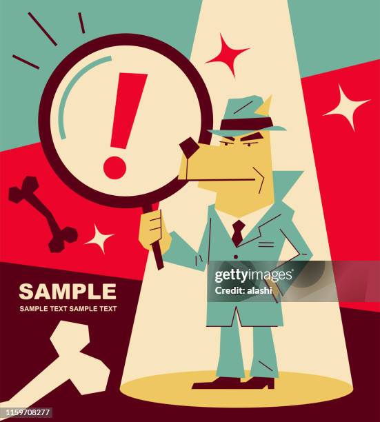 stockillustraties, clipart, cartoons en iconen met retro dog detective (inspector) holding een vergrootglas - inzoomen