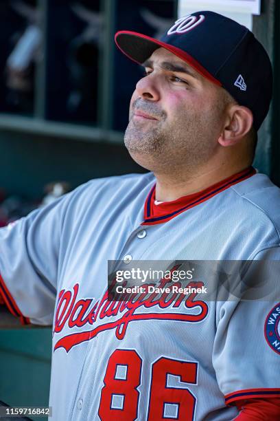 Ali Modami of the Washington Nationals looks on in the dugout during a MLB game against the Detroit Tigers at Comerica Park on June 30, 2019 in...