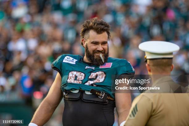 Philadelphia Eagles center Jason Kelce greets members of the military during Eagles Training Camp on August 4, 2019 at Lincoln Financial Field in...