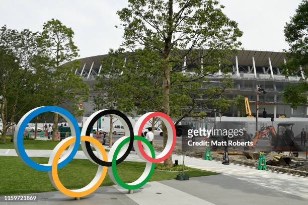 General view of the new National Stadium prior to a media tour of Tokyo 2020 Olympic venues on July 03, 2019 in Tokyo, Japan.