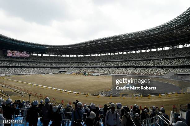 General view of the new National Stadium during a media tour of Tokyo 2020 Olympic venues on July 03, 2019 in Tokyo, Japan.