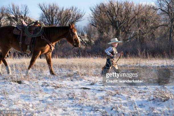 joven vaquero lleva un cuarto de caballo - cuarto de milla fotografías e imágenes de stock