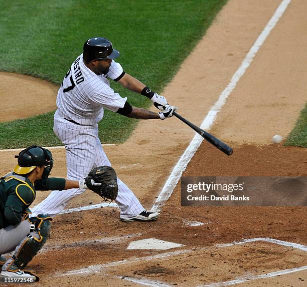 Ramon Castro of the Chicago White Sox bats against the Oakland Athletics on June 11, 2011 at U.S. Cellular Field in Chicago, Illinois.