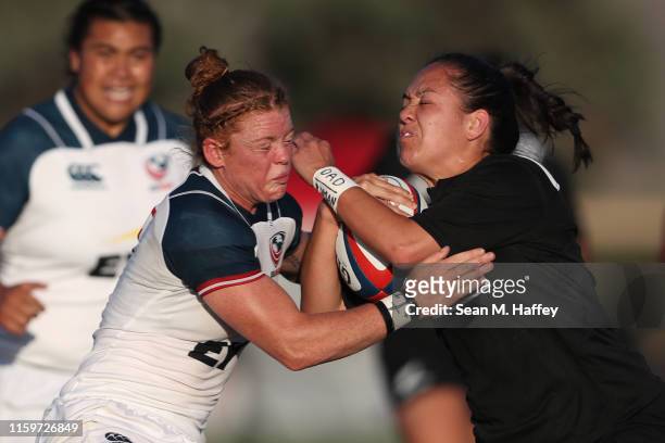 Arihiana Marino-Tauhinu of New Zealand is tackled by Alev Kelter of the United States during the Women's Rugby Super Series 2019 match between the...