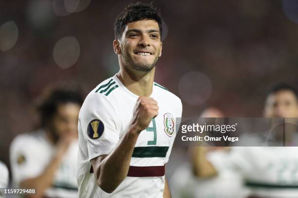 Raul Jimenes of Mexico celebrates 1st goal during the 2019 CONCACAF Gold Cup semifinal match between Haiti and Mexico at State Farm Stadium on July...