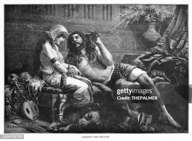 samson and delilah engraving 1892 - hebrew bible stock illustrations