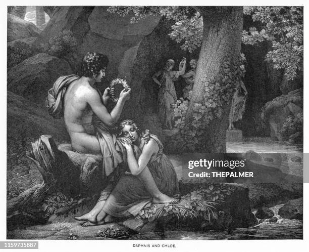 daphnis and chloe engraving 1892 - lesbos stock illustrations