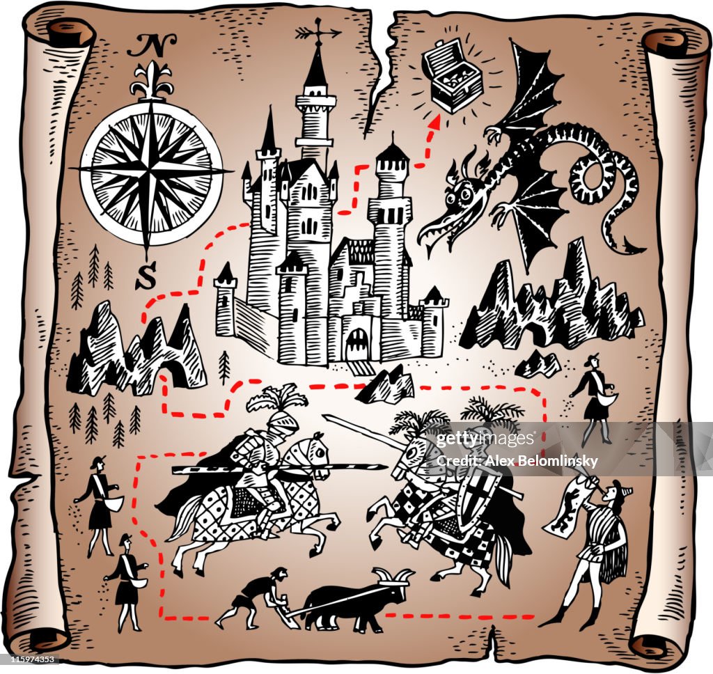 Detailed map of the Knight kingdom on vector paper scroll