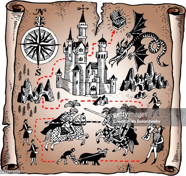 detailed map of the knight kingdom on vector paper scroll - medieval vector knights dragons stock illustrations