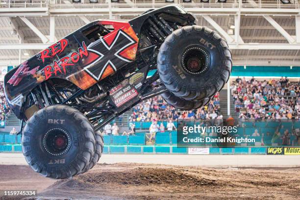 Tanner Root gives a demonstration in his Monster Truck "Red Baron" at San Diego County Fair on July 02, 2019 in Del Mar, California.