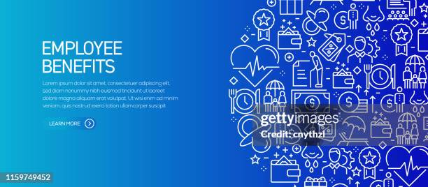 employee benefits banner template with line icons. modern vector illustration for advertisement, header, website. - healthcare staff training stock illustrations