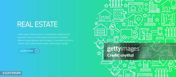 real estate banner template with line icons. modern vector illustration for advertisement, header, website. - home ownership stock illustrations