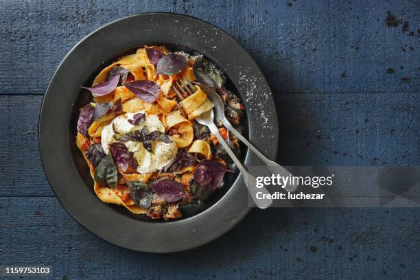 pappardelle con verdure, salsa di pomodoro cremosa e mozzarella - pappardelle foto e immagini stock