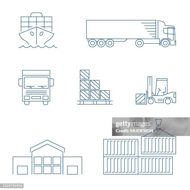 international shipping & tracking line icon set - cargo ship stock illustrations