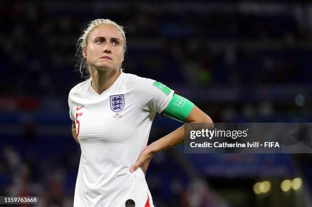 Thoughtful Steph Houghton of England after the 2019 FIFA Women's World Cup France Semi Final match between England and USA at Stade de Lyon on July...