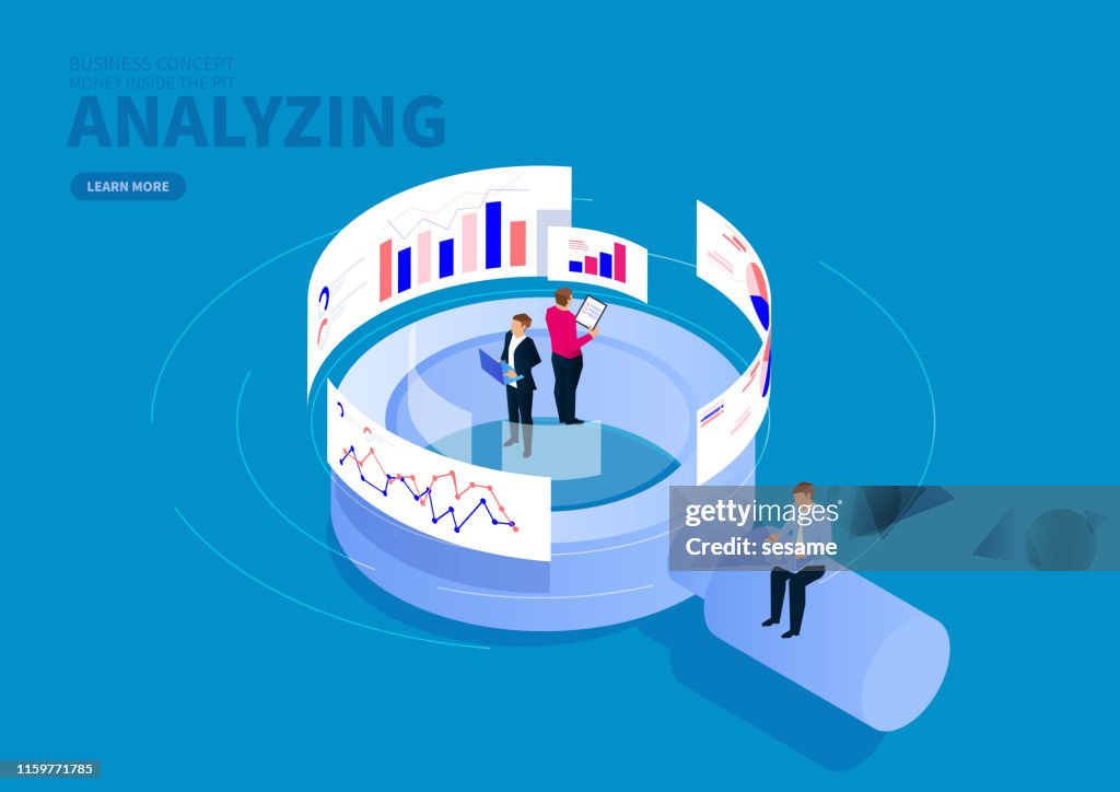Businessman standing on magnifying glass analyzing data