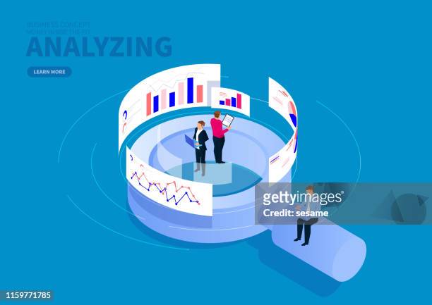 businessman standing on magnifying glass analyzing data - research stock illustrations