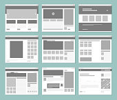 Web pages layout. Internet browser windows with website elements interface ui template vector design