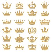 Gold crown silhouette. Royal crowns, coronation king and luxury queen tiara silhouettes icons vector set