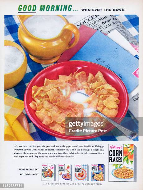 Advertisement for Kellogg's Corn Flakes with the caption 'Good morning...whatever the news!'. Original Publication: Picture Post Ad - Vol 68 No 02 P...