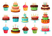 Cartoon birthday party cakes. Sweet baked cake, colorful cupcakes and celebration cakes vector illustration set