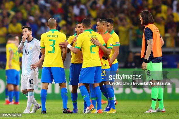 The Brazil team celebrate after the Copa America Brazil 2019 Semi Final match between Brazil and Argentina at Mineirao Stadium on July 02, 2019 in...