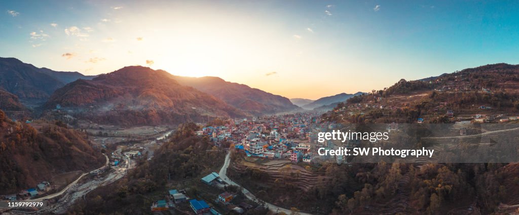 Sunrise photo of the snow mountain and Besi town, Nepal