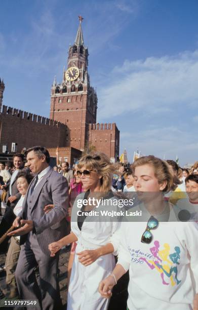 An American actress Jane Fonda during jogging a loop around the walls of the Kremlin together with a group of few hundred people to promote healty...