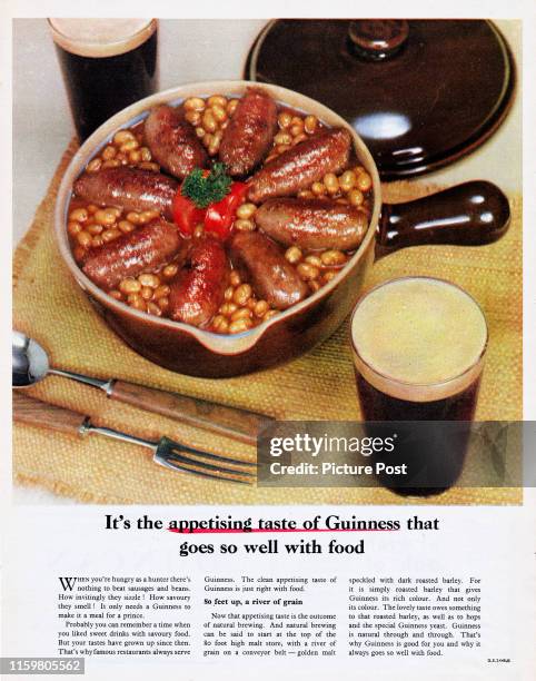 Advertisement for Guinness stout showing a serving suggestion of sausages with baked beans and a glass of stout ale. Original Publication: Picture...