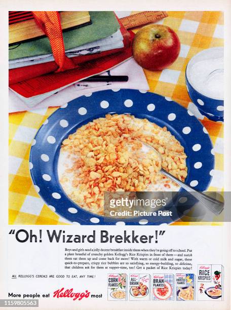 Advertisement for Kellogg's Rice Krispies with the caption "Oh! Wizard Brekker!". Original Publication: Picture Post Ad - Vol 67 No 03 P 18 - pub....