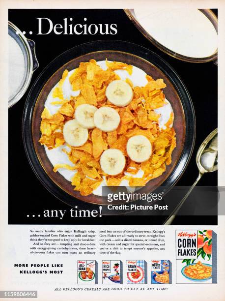 Advertisement for Kellogg's Corn Flakes with the caption '...Delicious...any time!'. Original Publication: Picture Post Ad - Vol 66 No 05 P 16 - pub....