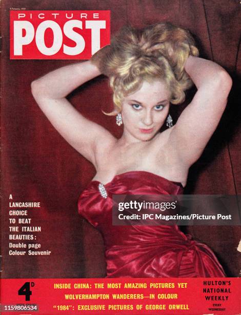 English actress and glamour model Sabrina is featured for the cover of Picture Post magazine. Original Publication: Picture Post Cover - Vol 66 No 02...