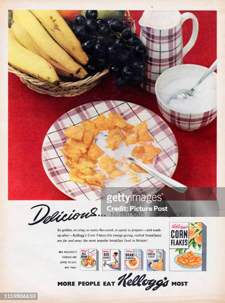 Advertisement for Kellogg's Corn Flakes breakfast cereal with the caption 'Delicious...nutritious...and Quick!'. Original Publication: Picture Post...