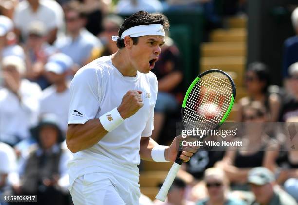 Milos Raonic of Canada celebrates a break of serve in his Men's Singles second round match against Robin Haase of The Netherlands during Day three of...