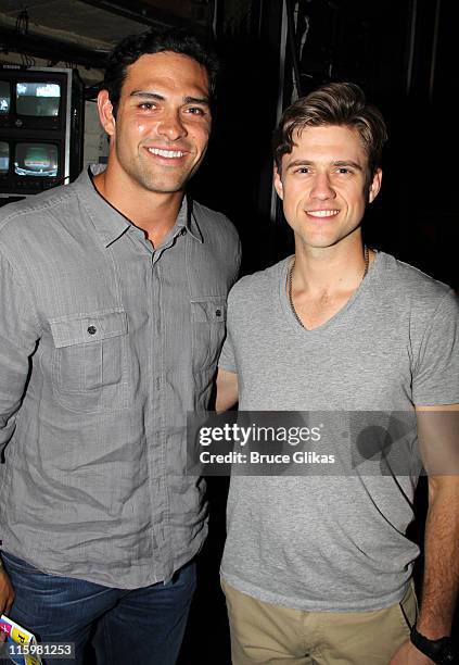 Mark Sanchez and Aaron Tveit pose backstage at the hit musical "Catch Me If You Can" on Broadway at The Neil Simon Theater on June 3, 2011 in New...