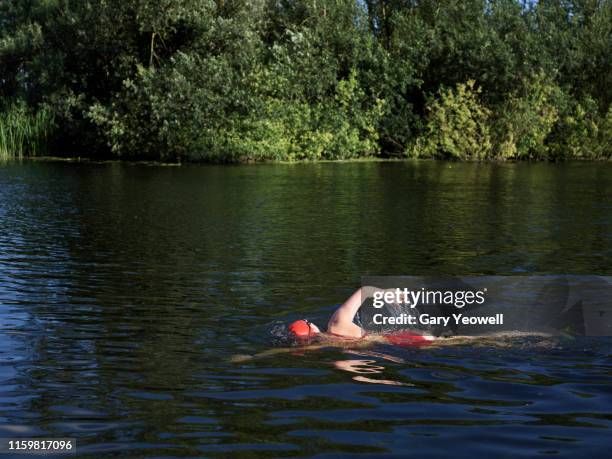 female wild swimmer in river great ouse - woman and river uk stock pictures, royalty-free photos & images