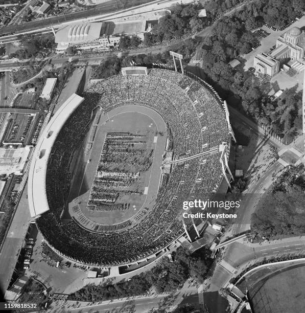 General aerial view of the opening ceremony at the National Stadium for the XVIII Summer Olympic Games on 10th October 1964 at the National Stadium...