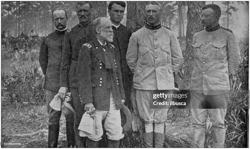 US Army black and white photos: Lieutenant Colonel Roosevelt (right) before becoming US president, with Major General Wheeler, Colonel Wood, Major Brodie, Major Dunn and Chaplain Brown