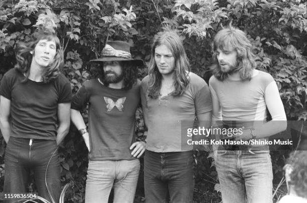 Roger Waters, Nick Mason, David Gilmour, Richard Wright of Pink Floyd, group portrait off stage at Hakone Aphrodite, Japan, 6th August 1971.