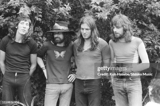 Roger Waters, Nick Mason, David Gilmour, Richard Wright of Pink Floyd, group portrait off stage at Hakone Aphrodite, Japan, 6th August 1971.