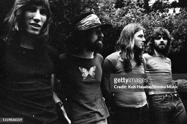 Roger Waters, Nick Mason, David Gilmour, Richard Wright of Pink Floyd, group portrait off stage at Hakone Aphrodite, Japan, 6th August 1971.