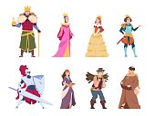 Medieval characters. Flat historical people, king queen prince and princess royal set. Vector cartoon fairytale knights and peasant