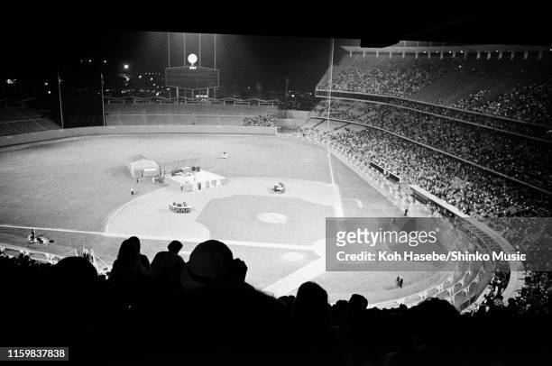 General view of the pitch and stands at the Dodger Stadium before the Beatles performance on their final tour, Los Angeles, California, United...